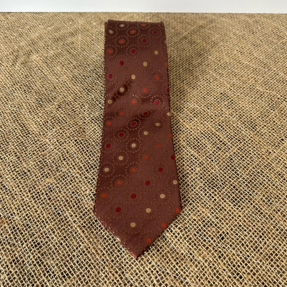 BCBG 100% Silk Brown With Red & Gold Polka‎ Dot Men's Tie